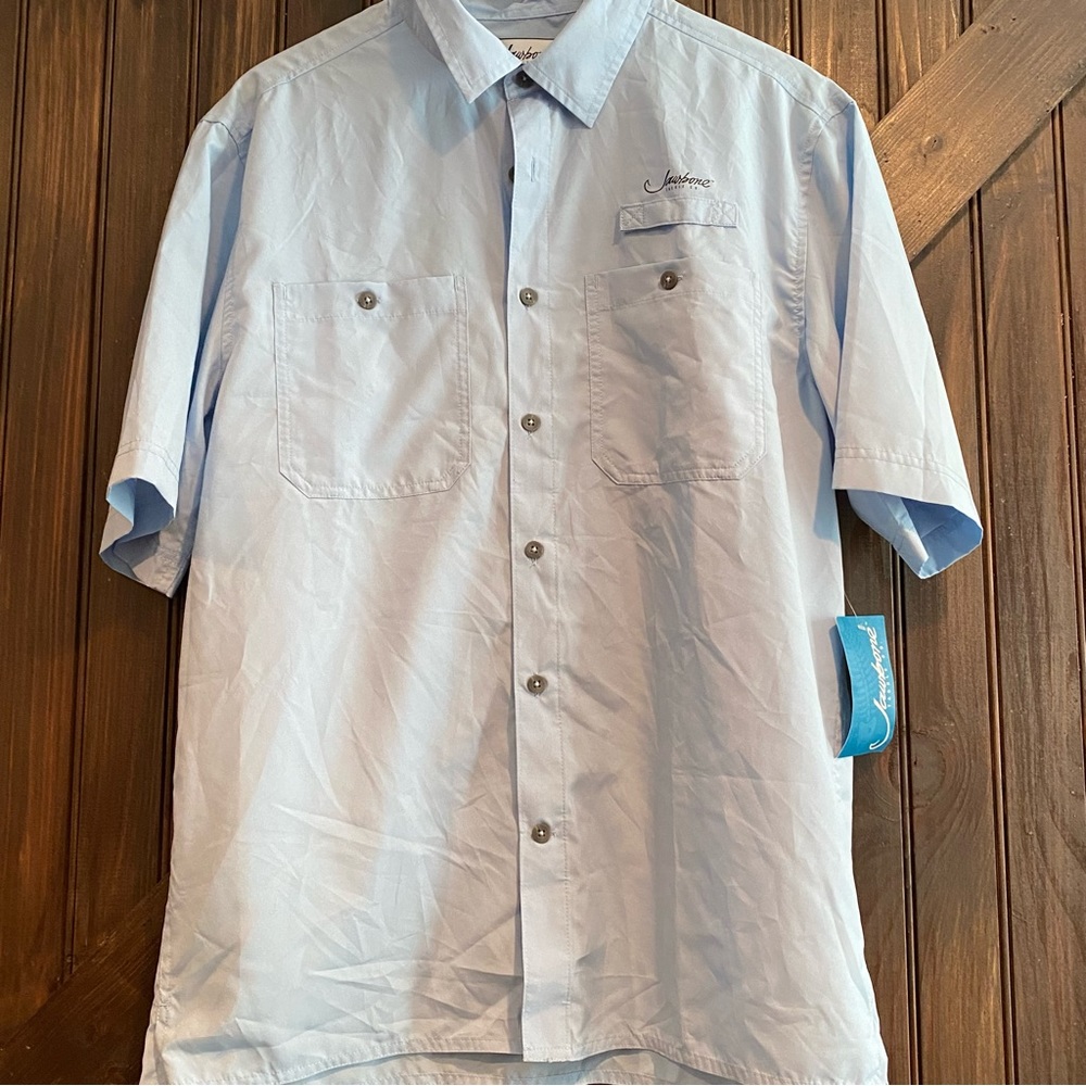 NWT Jawbone Tackle Co men’s light blue fishing shirt size M